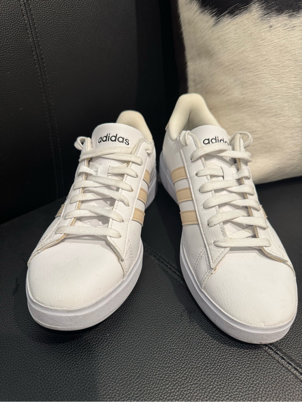 Adidas Women’s White Leather Sneakers with Beige Stripes and Floral Heel